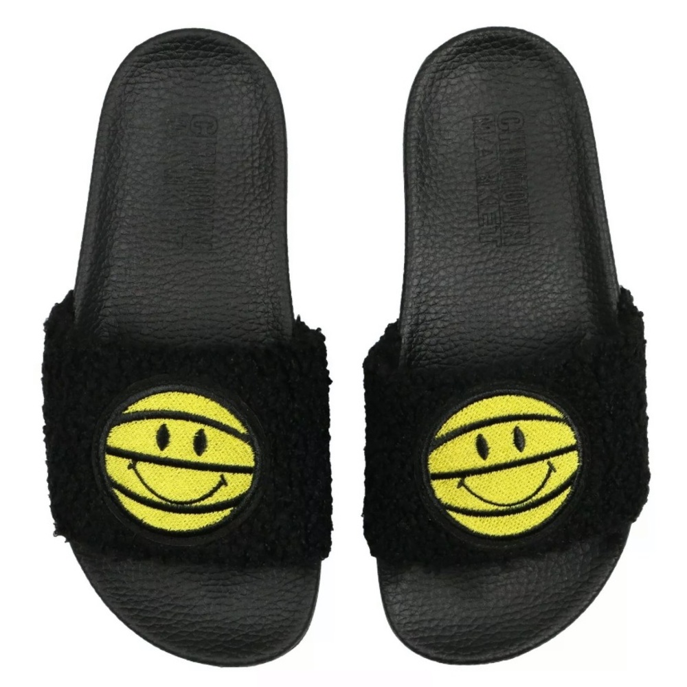 Chinatown Market Youth Smiley Sherpa Ball Slide Sandals Black
